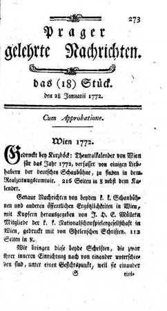das (18) Stück. den 28 Januarii 1772.