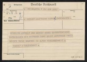 Brief von Rudolf K. Goldschmit-Jentner an Gerhart Hauptmann
