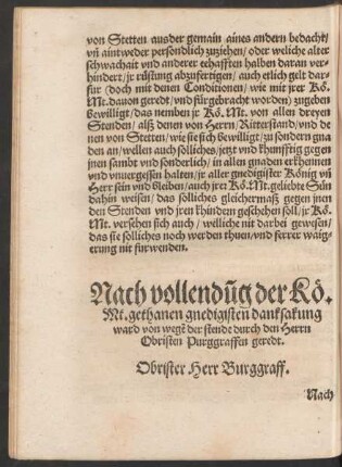 Nach vollendung der Kö. Mt. gethanen gnedigsten danksakung ward ... durch den Herrn Obristen Purggraffen geredt.