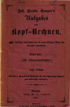 Aufgaben zum Kopf-Rechnen, 1. (Für Elementarklassen)