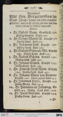 Verzeichnuß aller Hrn. Burgermeistern der Statt Zuerich [...]