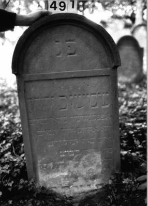 Grabstein 491 (Index: 99803812) Material: Sandstein Zustand: unten abgeblättert/Textverlust Maße HxBxT: 112x59x12 cm Beschreibung: Stele mit verdacht. Rundbogen und profiliertem Rand, Giebelfeld: Grabstein 491