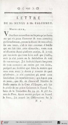 Lettre de Mr. Mengs à Mr. Falconet
