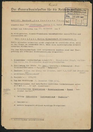 Königliche Oper (auch: Staatsoper unter den Linden, Lindenoper), Berlin: Fragebogen für das Handbuch »Das Deutsche Theater«, vierseitiges Dokument