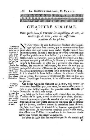 Chapitre Sisieme. Dans quels lieux se trouvent les Coquillages de mer, de riviére & de terre, avec les differentes maniéres de les pêches