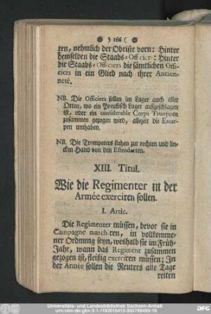 XIII. Titul. Wie die Regimenter in der Armée exerciren sollen.