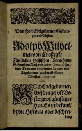 Dem Hoch Edelgebornen Gestrengen und Vesten, Adolph Wilhelmen von Croßegk [...]