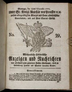 No. 39. Montags, den 25ten September 1775