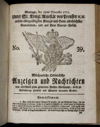 No. 39. Montags, den 25ten September 1775