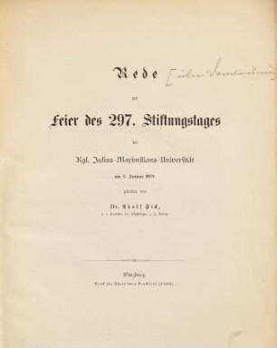 Rede zur Feier des 297. Stiftungstages der Kgl. Julius-Maximilians-Universität : am 2. Januar 1879