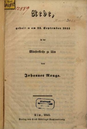 Rede gehallter am 29. Sept. 1845 in der Münsterkirche zu Ulm