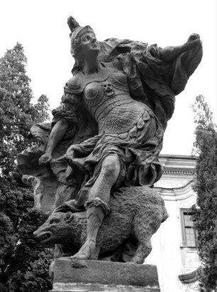 Skulptur, allegorische Darstellung: "Der Zorn" (Kopie). Skulptur aus der Reihe "Die zwölf Laster"