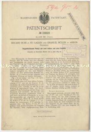 Patentschrift einer doppeltwirkenden Pumpe ,it zwei Kolben und zwei Ventilen, Patent-Nr. 33826