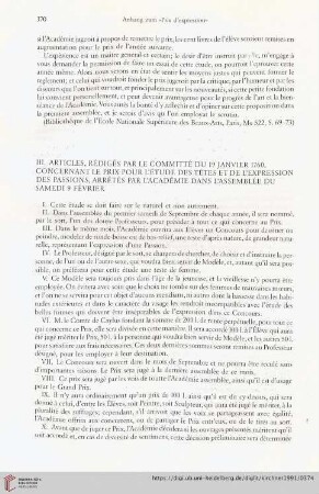 III. Articles, rédigés par le committé du 19 janvier 1760, concernant le prix pour l'étude des têtes et de l'expression des passions, arrêtés par l'académie dans l'assemblée du samedi 9 février