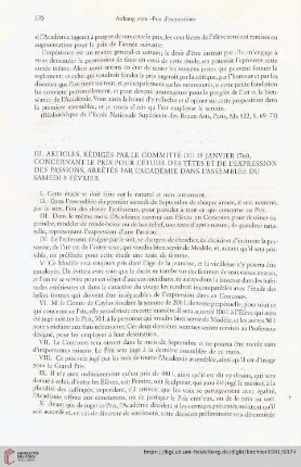 III. Articles, rédigés par le committé du 19 janvier 1760, concernant le prix pour l'étude des têtes et de l'expression des passions, arrêtés par l'académie dans l'assemblée du samedi 9 février