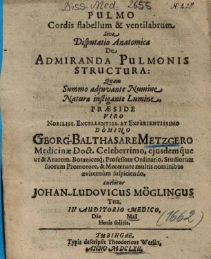 Pulmo Cordis flabellum & ventilabrum Sive Disputatio Anatomica De Admiranda Pulmonis Structura