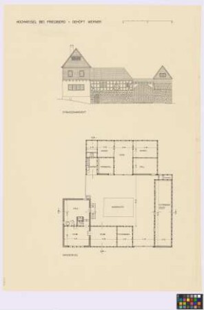 Hochweisel bei Friedberg (Wetterau-Kreis): Gehöft Werner. - Lageplan mit Wohnhaus (Grundriss), Dung (Umriss), Stall und Scheune (Grundriss), Kuhstall (Grundriss). - Kuhstall (Straßen-Giebel-Ansicht). - Wohnhaus (Straßen-Ansicht)