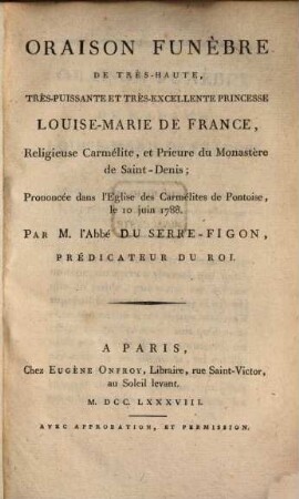 Oraison funebre de Ludovica Maria de France