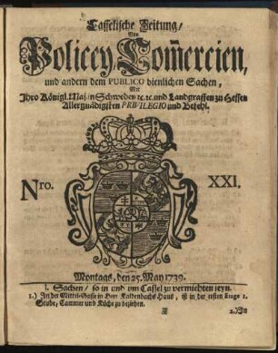 Nro. XXI, Montags, den 25. May 1739