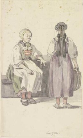 Zwei junge Bäuerinnen in Schaffhausen, die linke sitzend, die rechte in Rücknansicht stehend