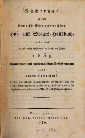 Königlich-Württembergisches Hof- und Staats-Handbuch. 1839, Nachtr. 1