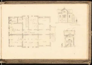 Skizzenbuch: Einfamilienhaus, Grundriss, 2 Ansichten