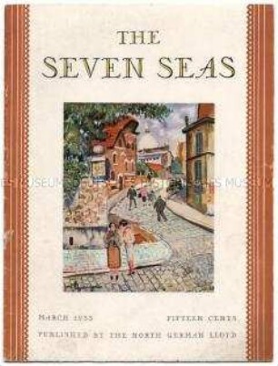Monatszeitschrift des Norddeutschen Lloyd "The Seven Seas" u.a. mit Porträtfotos von Transatlantik-Passagieren der "Bremen"