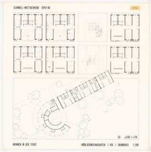 Platzbebauung mit Wohnungen, Gewerbe und sozialen Einrichtungen am Viktoria-Luise-Platz, Berlin-Schöneberg Schinkelwettbewerb 1980: Grundrisse EG 1:200