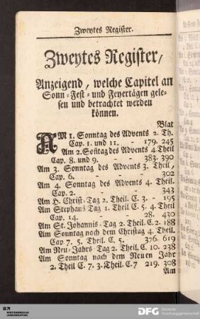 Zweytes Register, Anzeigend, welche Capitel an Sonn- Fest- und Feyertägen gelesen und betrachtet werden können.