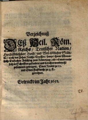 Verzeichnuß DEß Heil. Röm. Reichs, Teutscher Nation ... Stände : nach den Zehen Reichs-Craissen