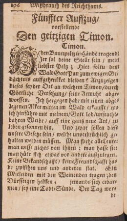 Fünffter Auffzug/ vorstellende Den geitzigen Timon.