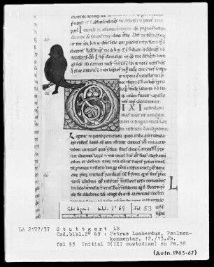 Petrus Lombardus, Commentarius in Psalmos — Initiale D (ixi custodiam), Fabelwesen als Oberlänge, Folio 53recto