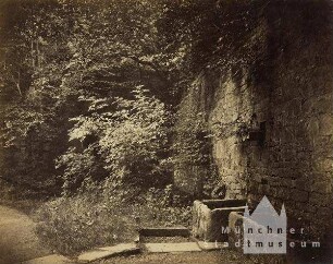 Schlossmauer mit Brunnen und Buschwerk