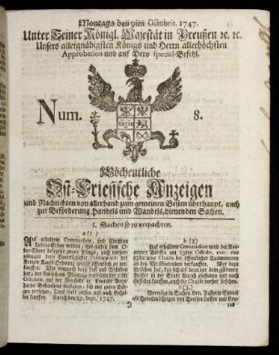 Num. 8. Montags den 9ten Octobris 1747.