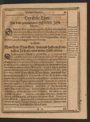 2. Vers. Mein Gott/ Mein Gott/ warumb hastu mich verlassen? Ich heule/ aber meine Hülffe ist fern