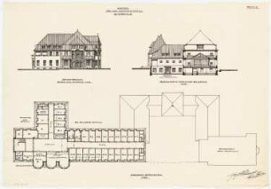 Kasino für ein Industrieunternehmen, Lübeck: Grundriss Dachgeschoss 1:200; Aufriss Eingangseite 1:200; Querschnitt durch den Saal (mit Ansicht des Stall-/Remisenflügels) 1:200