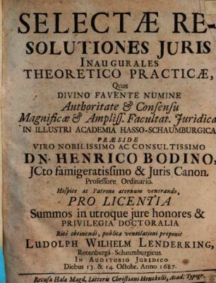 Selectae resolutiones iuris inaugurales theoretico-practicae