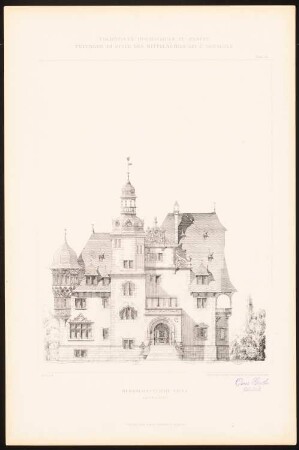 Herrschaftliche Villa: Hauptansicht (aus: C. Schäfer, Die Bauhütte, Entwürfe im Stile des Mittelalters, 3. Bd., 1895, Blatt 58)