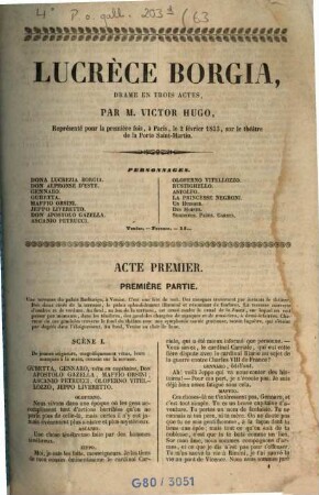 Lucrèce Borgia : drame en trois actes