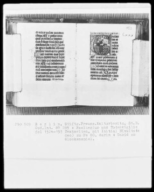 Psalterium und Totenvigilie mit Kalendar — Initiale E (xultate Deo), darin David am Glockenspiel, Folio 153recto