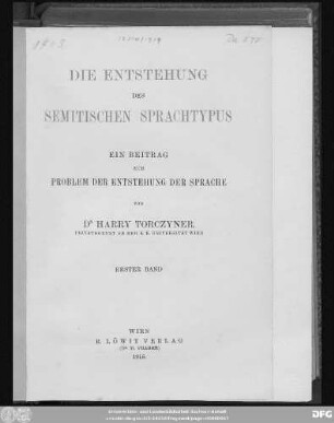 1. Bd: Die Entstehung des semitischen Sprachtypus : ein Beitrag zum Problem der Entstehung der Sprache