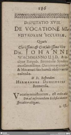 Disputatio XVIII. De Vocatione Ministrorum Ecclesiae