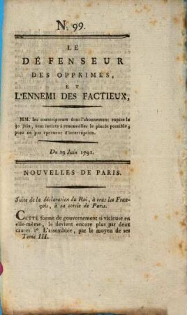 Le défenseur des opprimés. 99. 1791