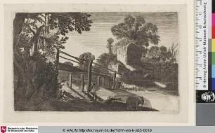 [Begegnung zweier Männer auf einer hölzernen Brücke; Wooden Bridge Leading from Trees to Ruins at Right]