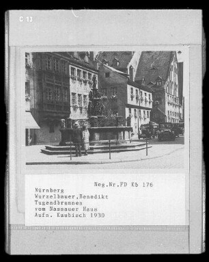 Nürnberg, Tugend-Brunnen, Lorenzer-Platz & Königstraße : Nürnberg, Lorenzer Platz. Tugendbrunnen (1584/1589; B. Wurzelbauer). Blick vom Nassauer Haus