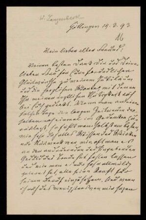 16: Brief von Wilhelm Langenbeck an Gottlieb Planck, Göttingen, 14.3.1893