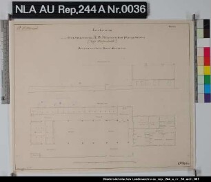 Seitenansicht und Grundriß eines Platzgebäudes in ALTFUNNIXSIEL Zeichnung von Steffen Papier Format 43,7x36,3 M 1:178