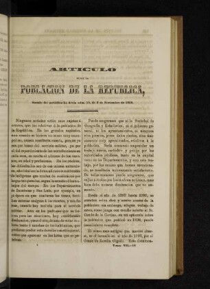 Articulo sobre la Poblacion de la Republica, scado del periódico La Aveja núm. 18, de Novembre de 1858.