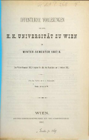 Vorlesungsverzeichnis. 1887/88. WS