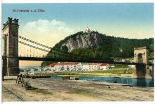 Bodenbach a. d. Elbe. Blick von Tetschen über die Kettenbrücke (1855) zur Schäferwand mit Bergschloß